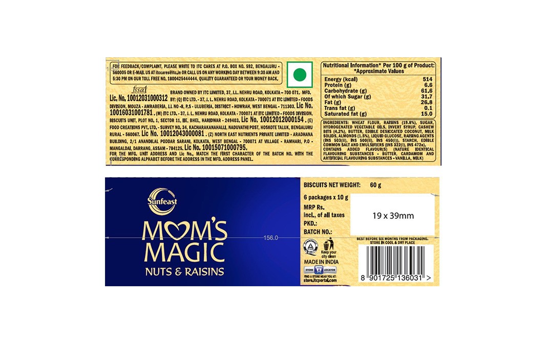 Sunfeast Mom's Magic Nuts & Raisins Biscuits   Box  60 grams